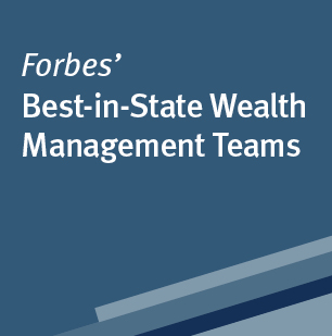 Blues square with abstract blue bars on the bottom right corner; Forbes' Best-in-State Wealth Management Teams